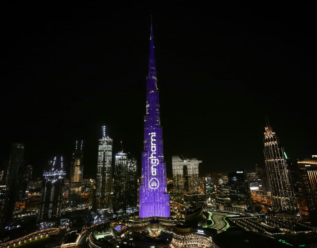 Burj Khalifa projection of the Anghami film seen across the Dubai skyline