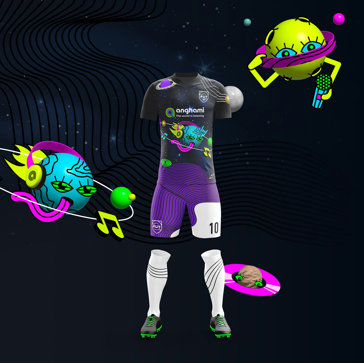 The Anghami FIFA 23 kit surrounded by planets and music notes