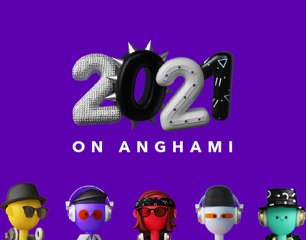 2021 on Anghami: five illustrated listener characters on purple