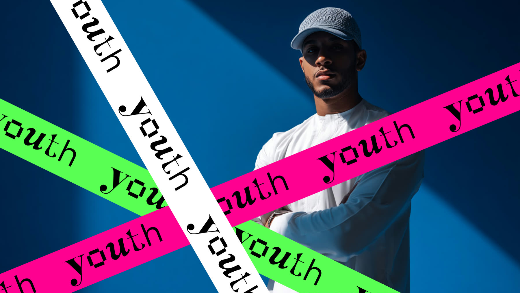 Brand layout: youth tape graphics crossing a portrait