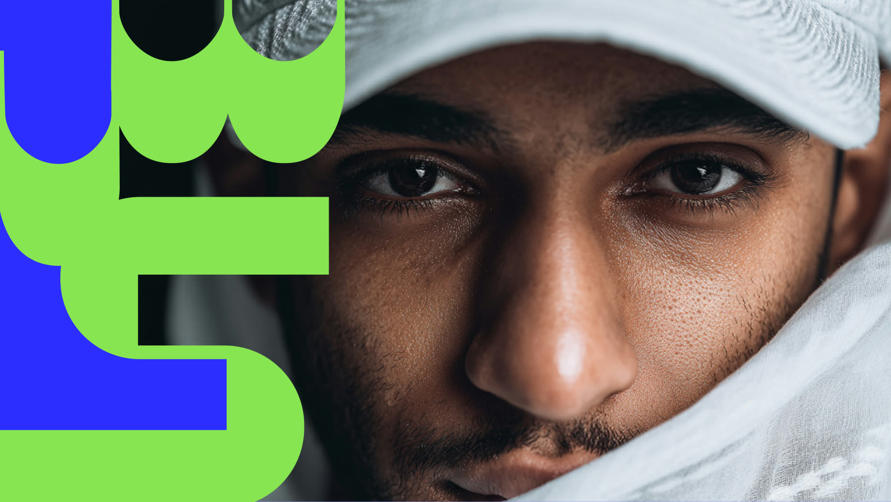 Brand layout: cropped Y letterform over a close-up portrait