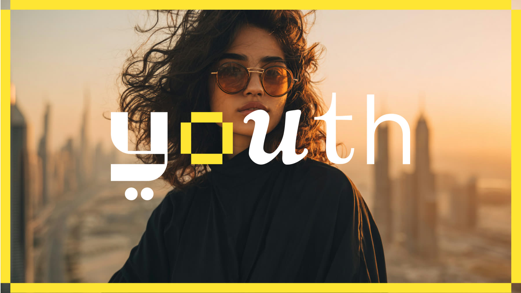 Brand layout: the youth logo over a portrait against the Riyadh skyline